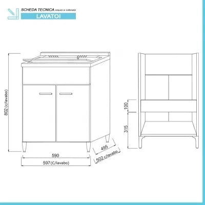 Mobile lavatoio 60x50 cm 2 ante rovere grigio con vasca in resina