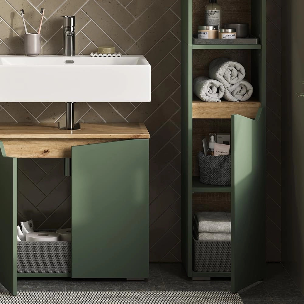 Mobile da bagno Marelle, Verde/Artigianale, 30 x 180 cm Con porte e vani aperti, per la conservazione di articoli da bagno e asciugamani