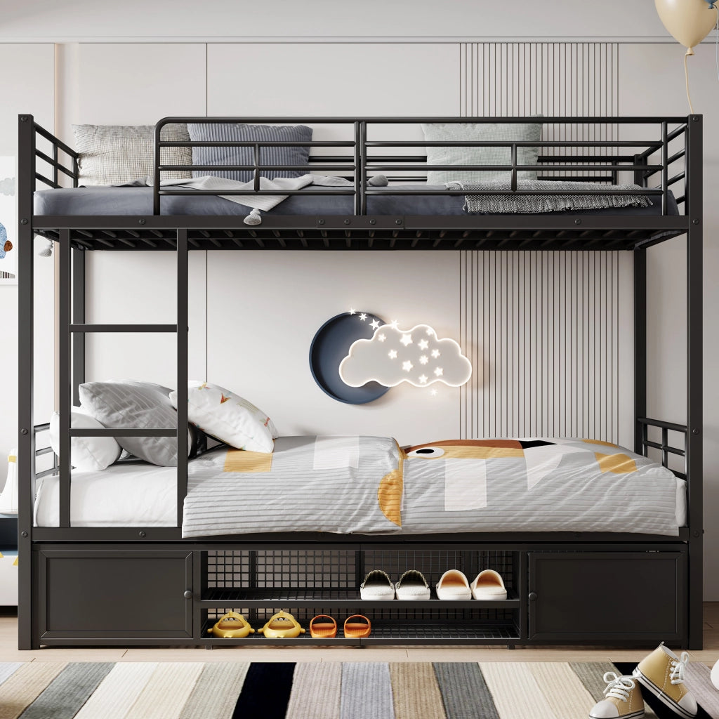 Letto a Castello 90x200 cm; Letto Singolo - Con Scarpiera; Scaletta; Sponda; in Metallo Nero