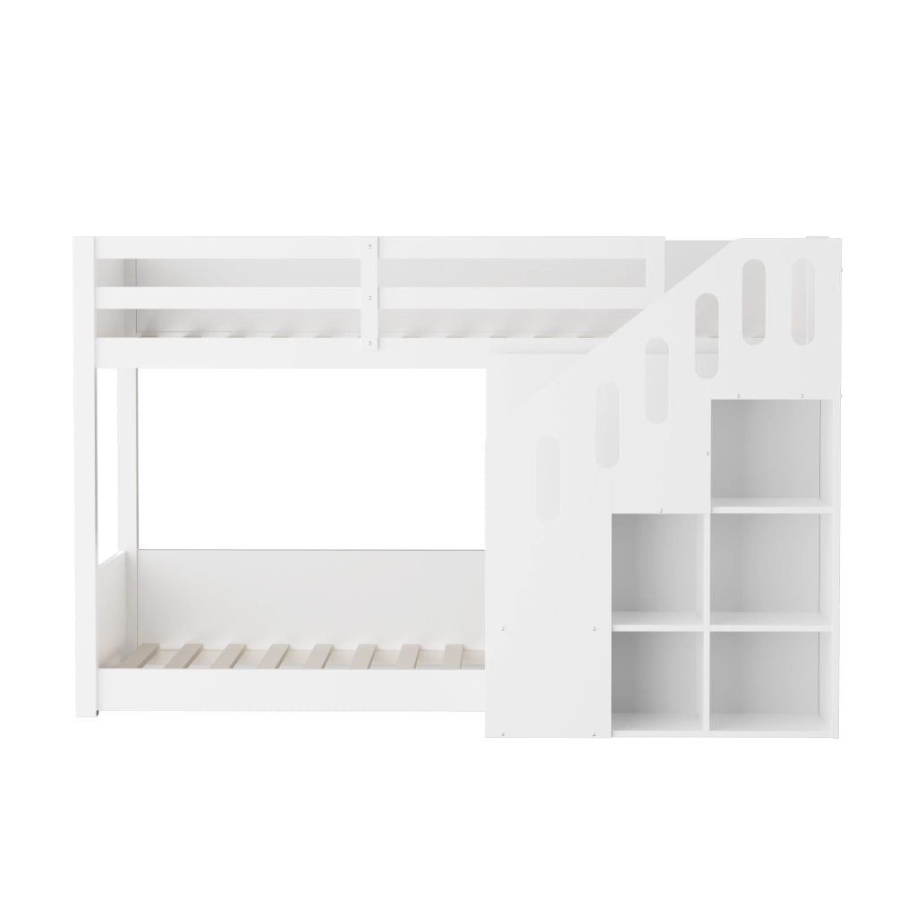 Letto a castello multifunzionale con scala contenitore e sponde, 90x200 cm, bianco, senza materasso