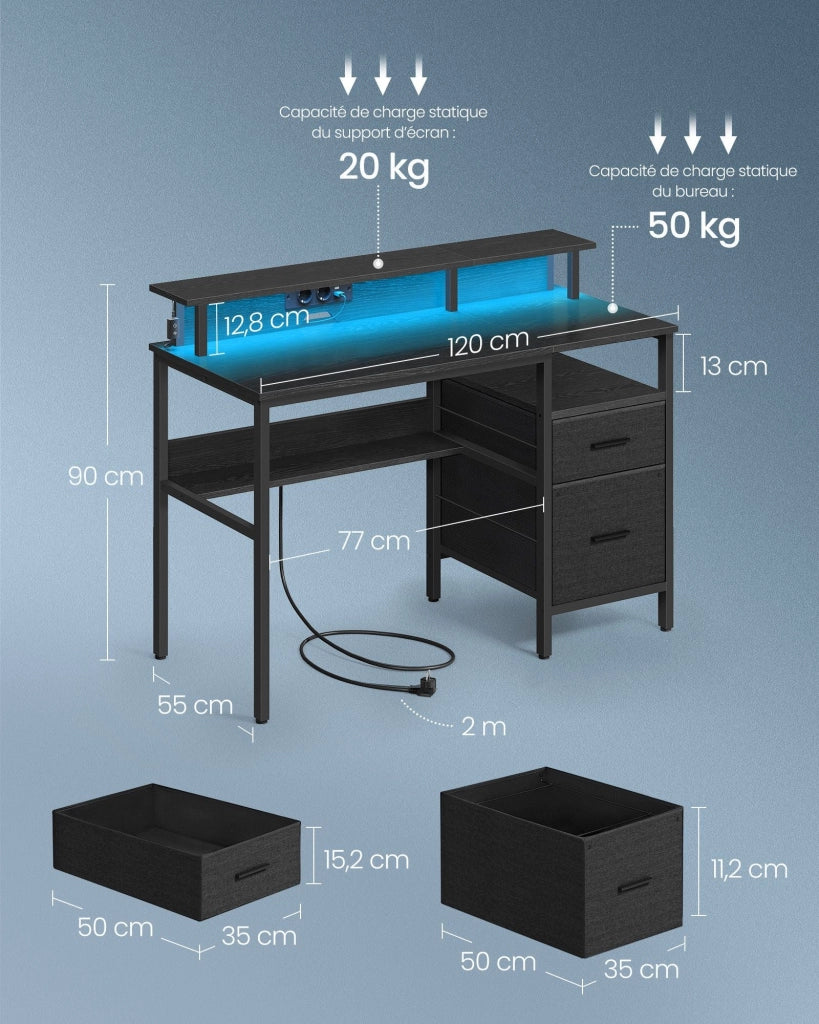 Scrivania da gioco con luci a LED e multipresa scrivania per computer con supporto per monitor tavolo con spazio di archiviazione 2 cassetti 2 porte USB finitura in legno nero 12_0004638