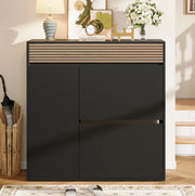 Scarpiera slim con 1 anta; 1 cassetto e 2 vani ribaltabili; 100x35x105 cm; nero e legno