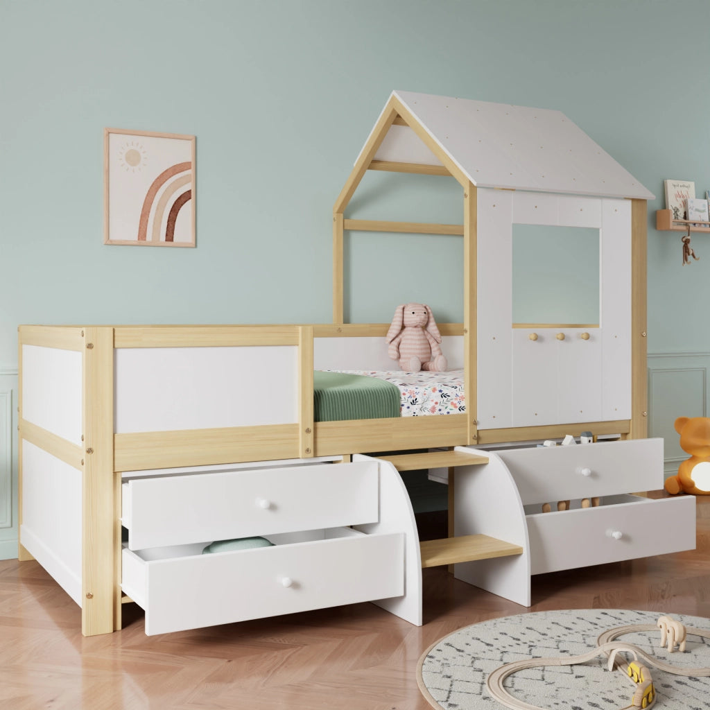 DESMIU Letto per Bambini Semialto 1 Posto con 4 Cassetti, Tetto e Finestra, 90 × 200 cm, Senza Materasso
