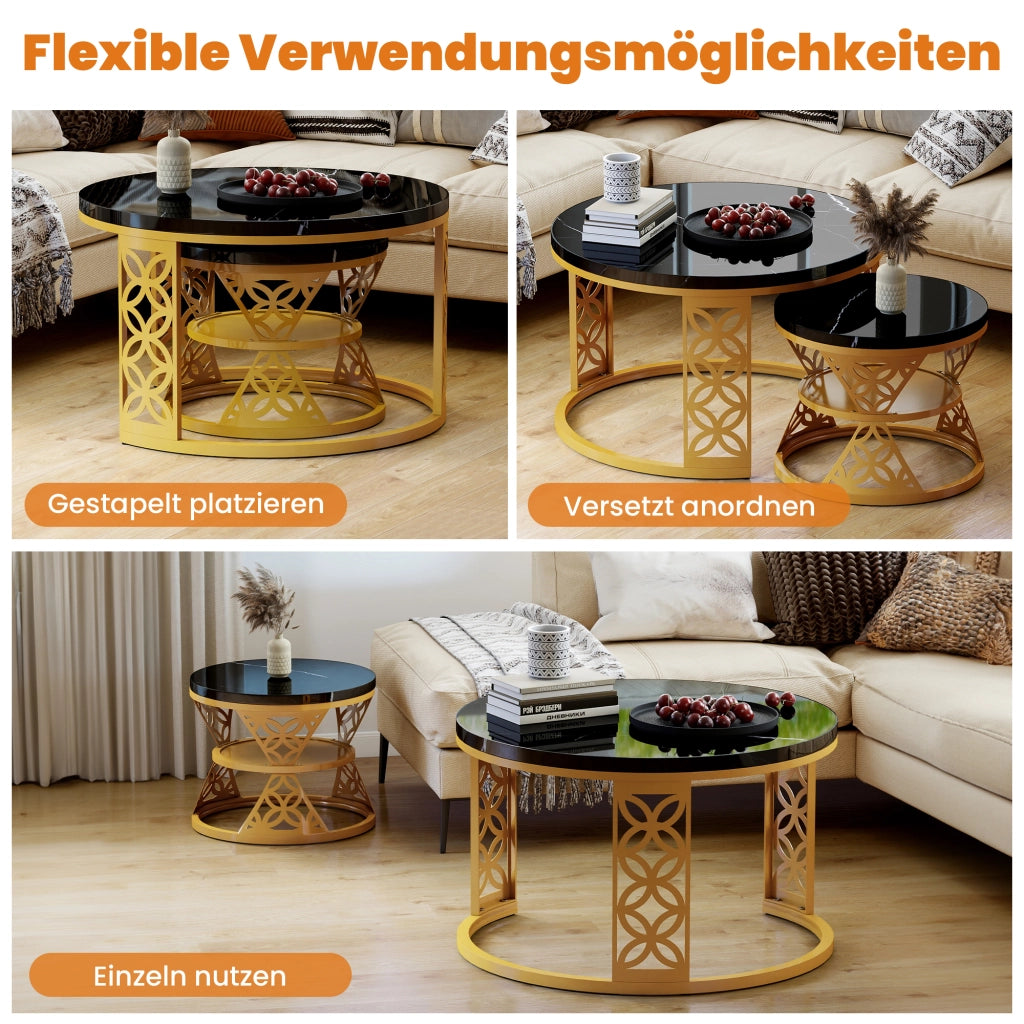 TAVOLINO DA CAFFÈ Set 2 Pezzi 70x70x45 cm Piano Nero Effetto Marmo con Struttura Color Oro