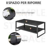 Tavolino da Caffè Nero, Tavolino Effetto Marmo con Ripiano Inferiore, da Soggiorno o Ufficio, Design Moderno, Telaio in Acciaio, 106x50x45cm, Nero