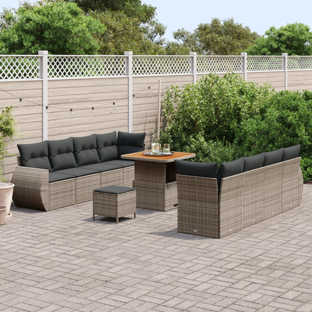 Set da Giardino a 11 Pezzi con Cuscini Grigio Rattan Polietilene Acacia