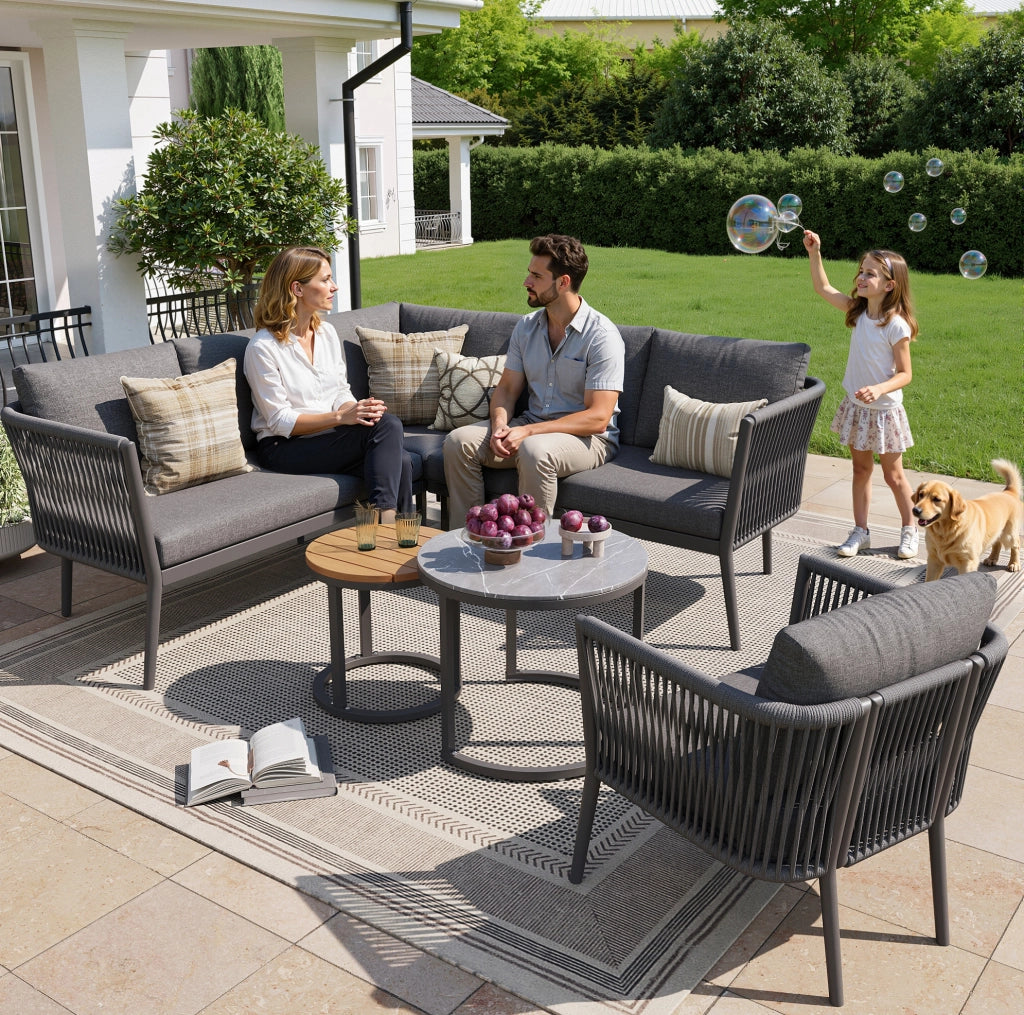 Set lounge da giardino modulare con 2 tavoli; cuscini da 8 cm; metallo e olefin; grigio