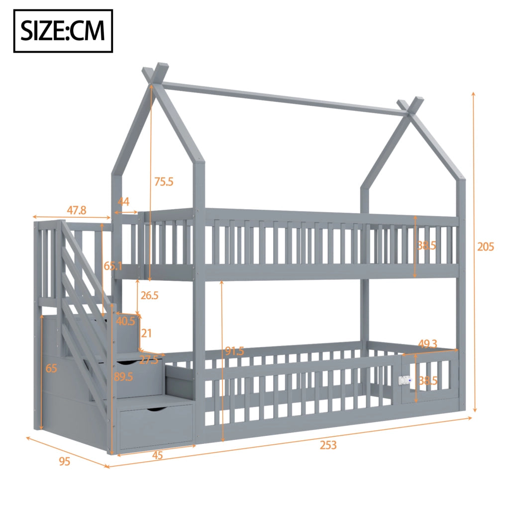 Letto a castello per bambini 90x200 cm in legno massiccio con tetto, scala con cassetti e design salvaspazio