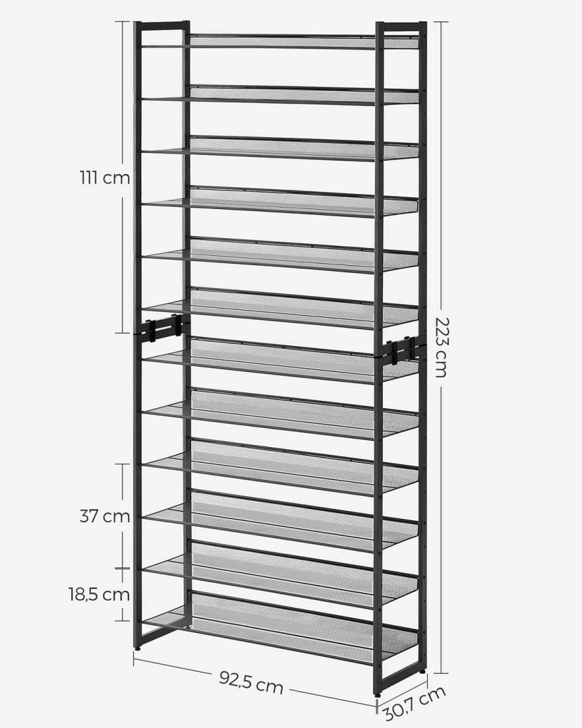 Scarpiera a 12 ripiani set di 2 scarpiere impilabili 6 file per 48-60 paia ampia capacità di stoccaggio rete metallica ripiani regolabili nero 12_0005815