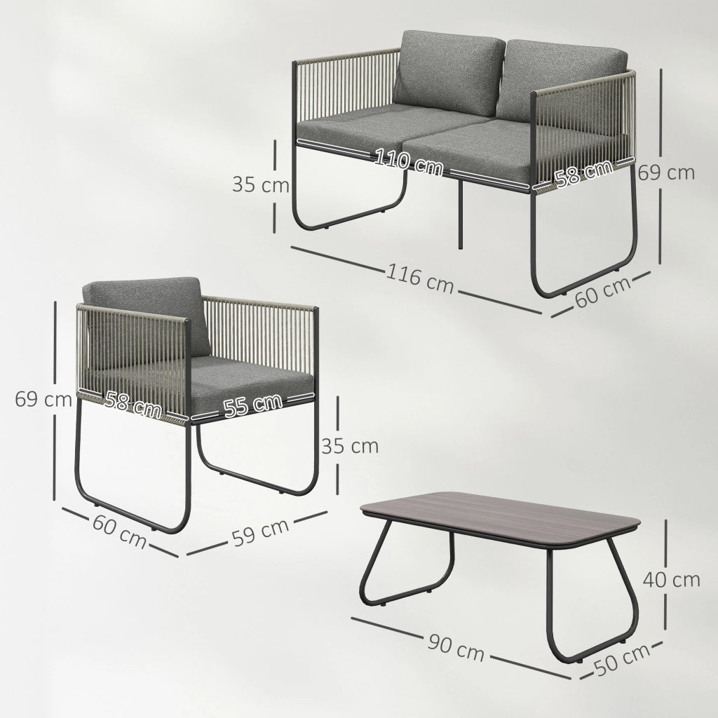 Mobili da giardino in polirattano: Divanooo + poltrona + tavolo + cuscini; resistenti; 116x60x69 cm; marrone + grigio scuro
