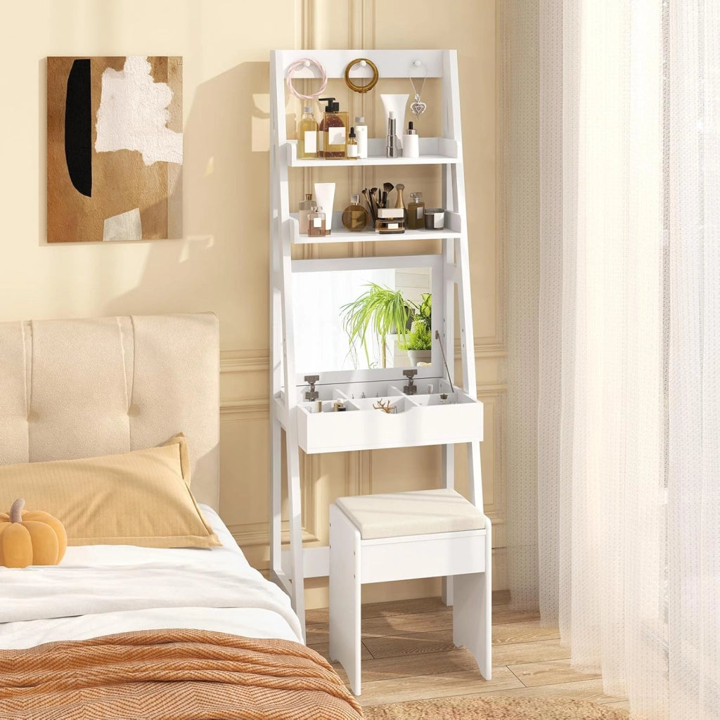 Tavolo da Toeletta con Sgabello con 3 Ganci, Scaffale da Stocaggio per Cosmetici, Set Mobile Camerette con Specchio Apribile, 60x40x180 cm