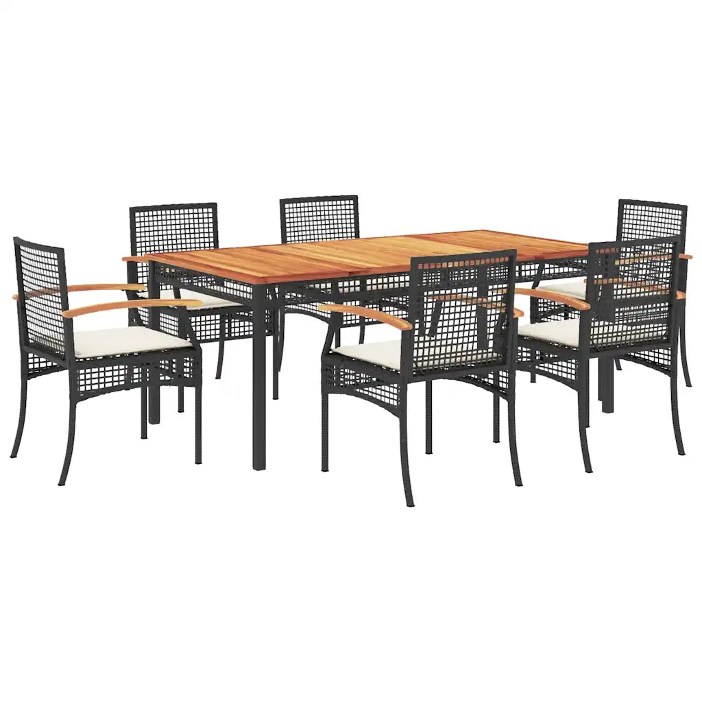 Set da Pranzo da Giardino 7 pz Nero con Cuscini in Polyrattan