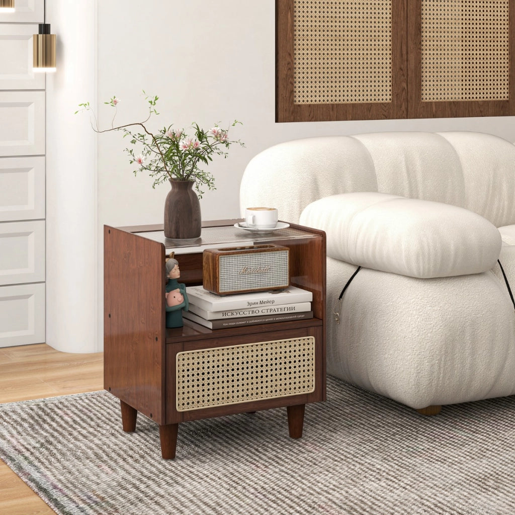 Comodino in bamb¨´ e rattan con cassetto e gambe in legno massello, Tavolino da salotto boho 43x35x50cm Marrone 1 Pezzo-Comodini