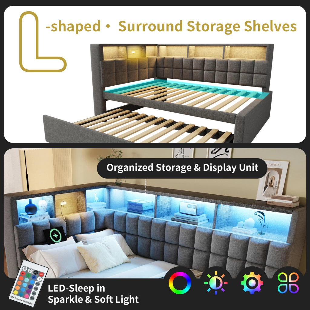 Letto a Divanetto 90x200 cm - Estraibile; USB; Type-C; LED e Mensole - Grigio
