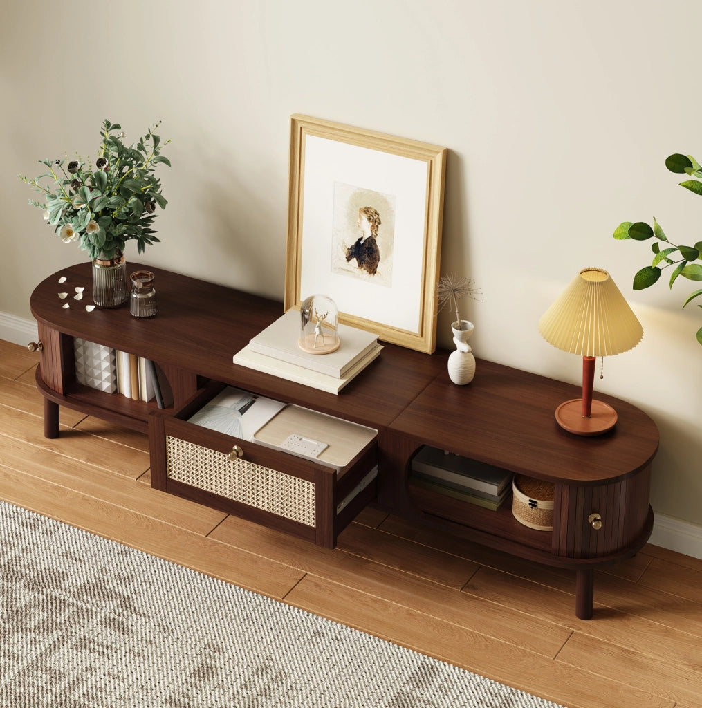 Mobile TV 170 cm in legno e rattan con ante e cassetti