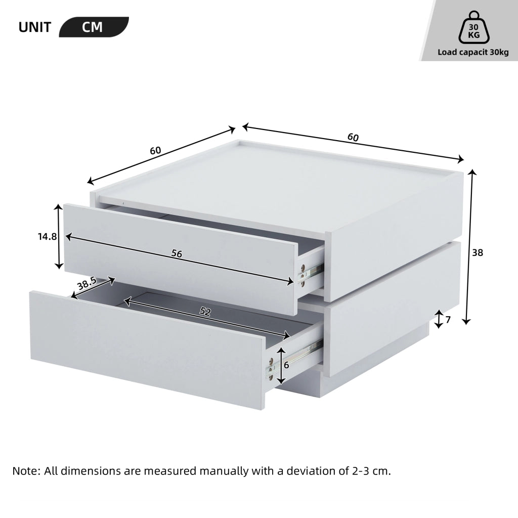 Tavolino basso con piano girevole a 360° e 2 cassetti per soggiorno, in pannello truciolare bianco, 60 × 60 × 38 cm