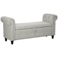 Panca Baule 2 in 1 in Tessuto Effetto Lino con Gambe in Legno, 146,5 x 49 x 72 cm, Grigio