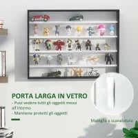 Vetrina Espositiva da Parete a 4 Ripiani Regolabili, Vetrinetta per Collezionismo, Bacheca Espositore a Muro per Oggetti da Collezione, in Vetro e Truciolato, 80x9.5x60 cm, Nero e Bianco