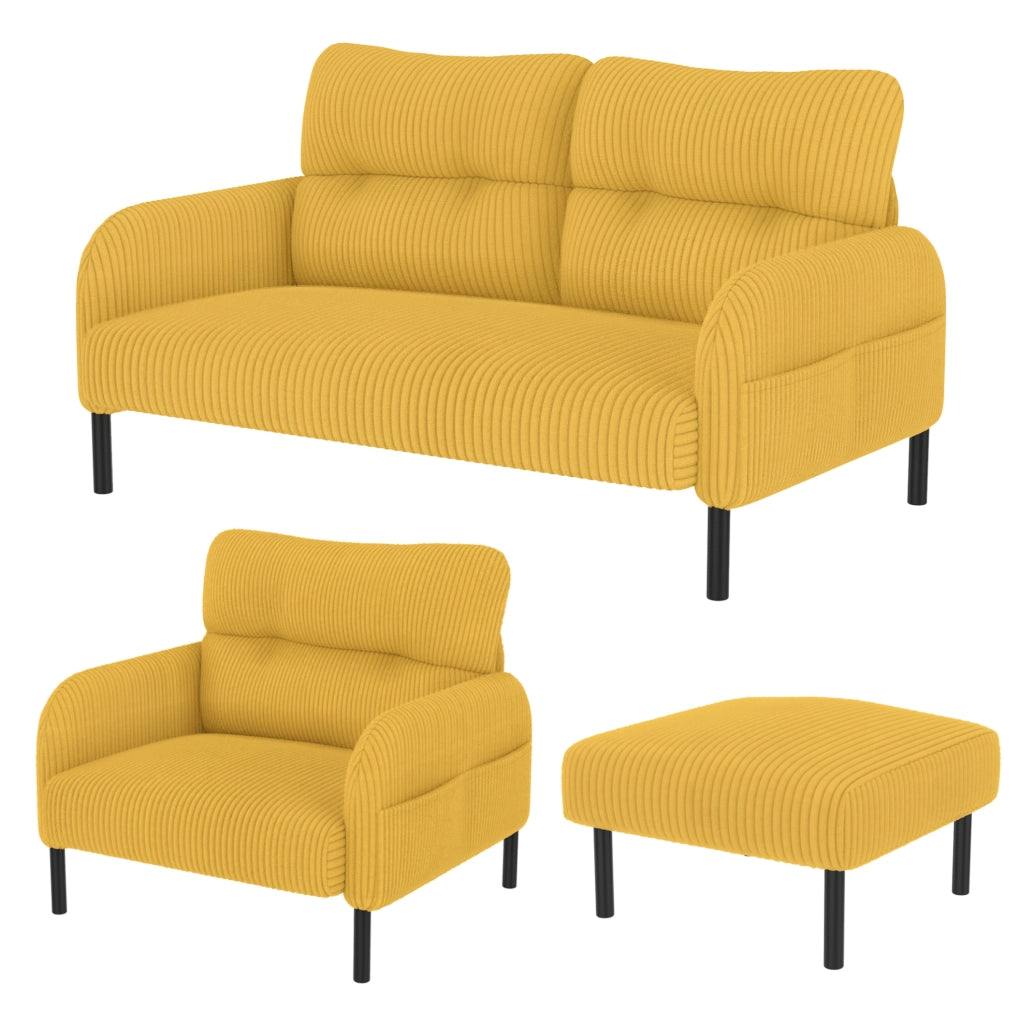 Set salotto 3 pezzi in velluto a coste giallo con divano 2 posti; poltrona e pouf