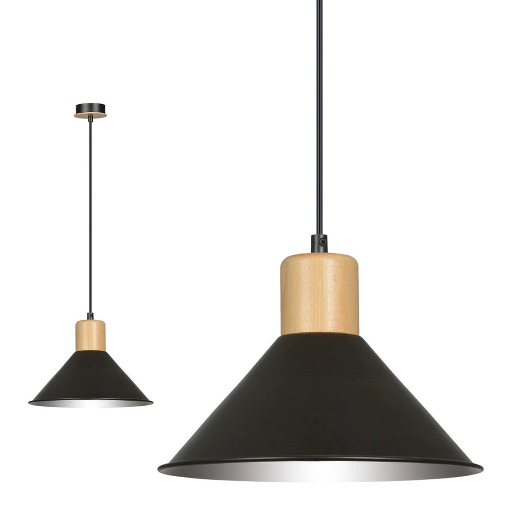 Lampada a sospensione ROWEN in acciaio nero e legno