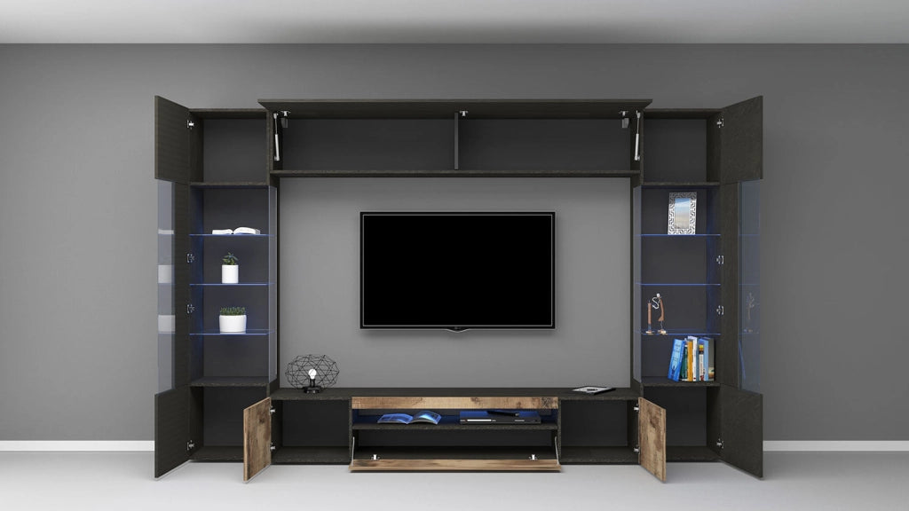 Parete Attrezzata Soggiorno 290x40x190 cm New Egypt Ardesia/Acero Pereira