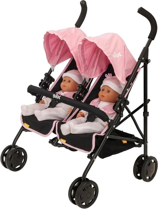 Doppio passeggino per bambini in nero rosa, opzionabile per due bambini, passeggino pieghevole per simulazione del rollino per bambole, passeggino per due bambini