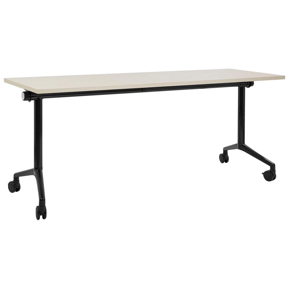 Scrivania rettangolare pieghevole con rotelle portatile con struttura in metallo marrone chiaro e nero 180 x 60 cm stile moderno