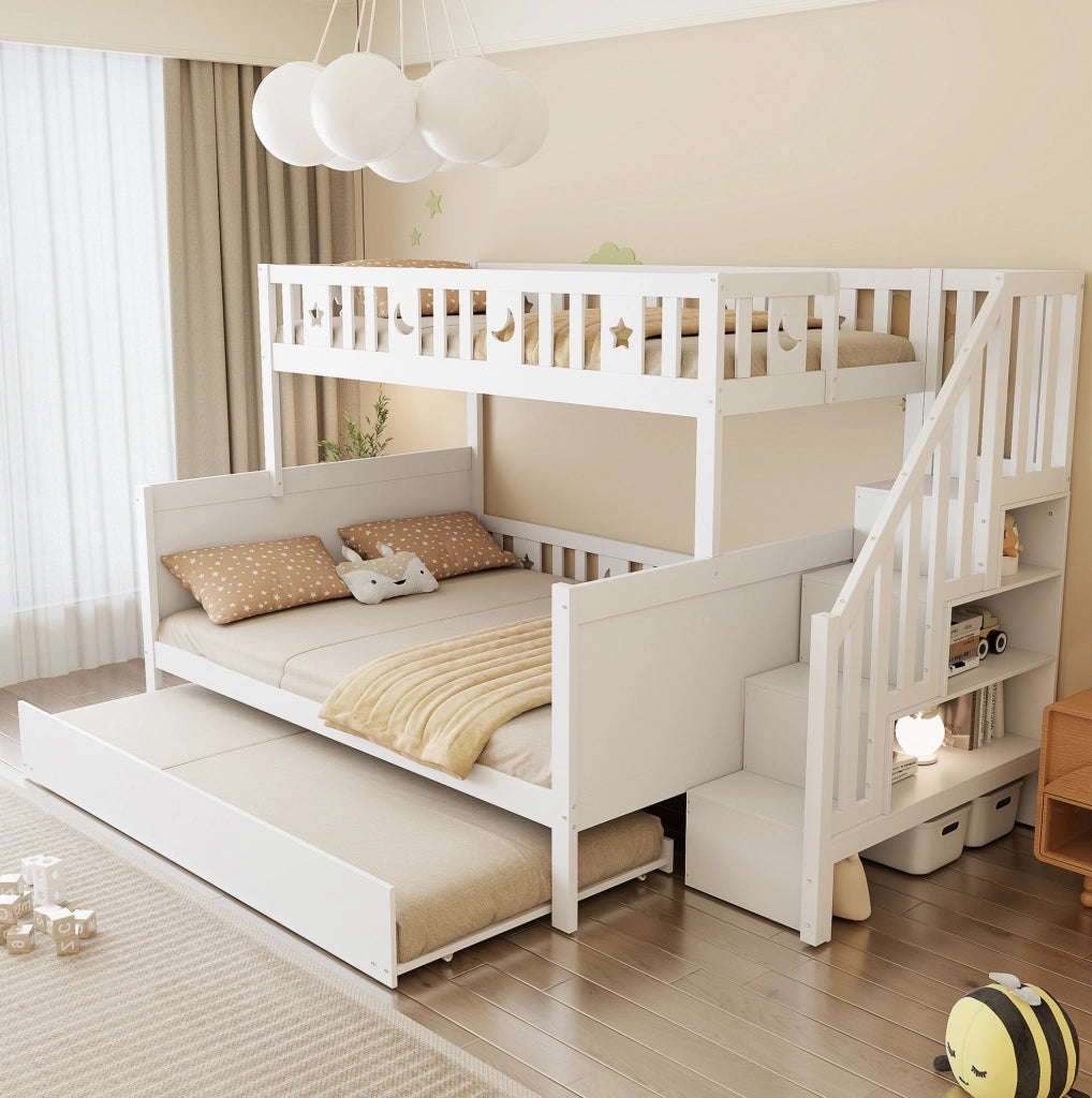 Letto a castello multifunzione con scala contenitore 90x200/140x200 cm; bianco