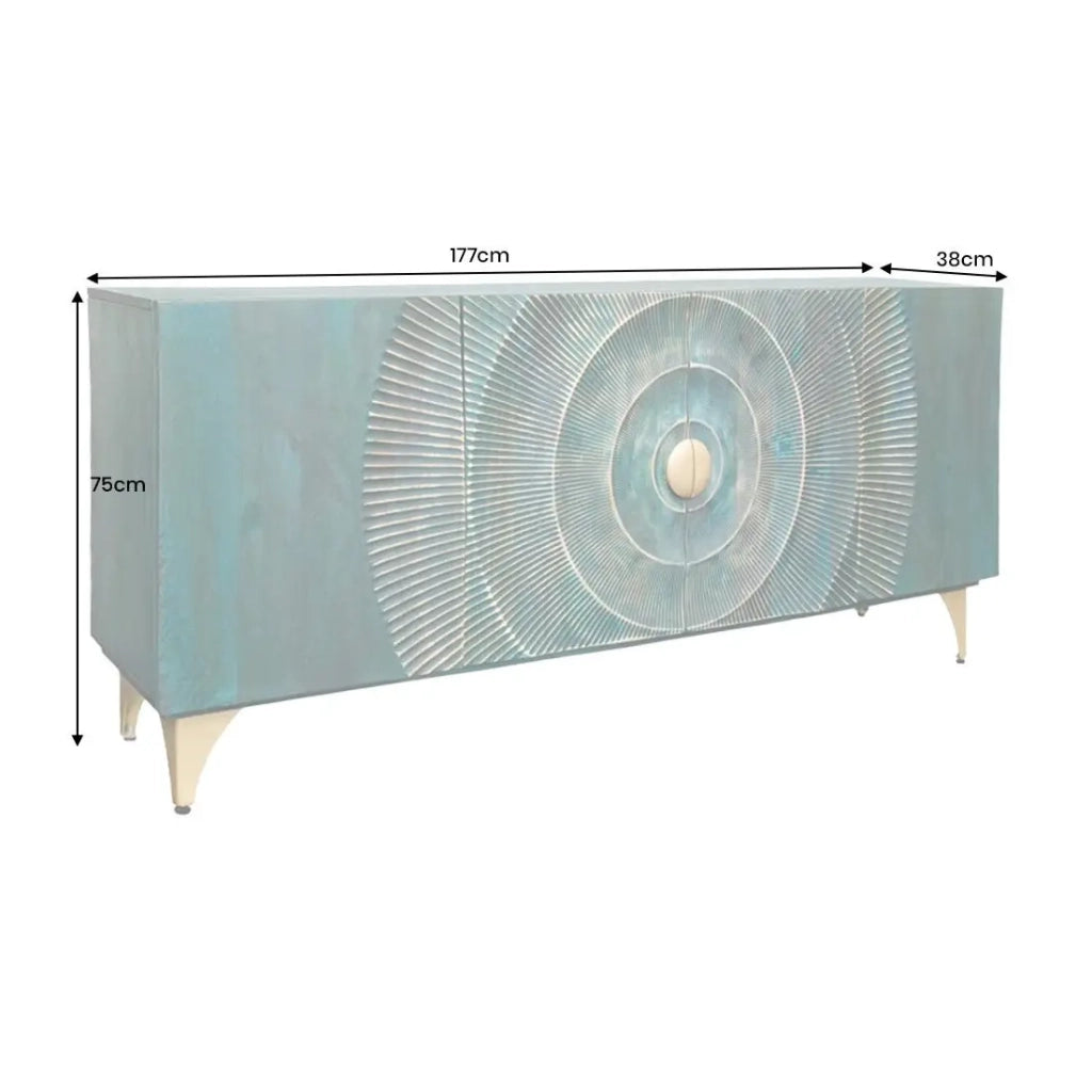 Buffet SOLARIS 180 cm in legno massiccio scolpito blu e dorato – 4 porte