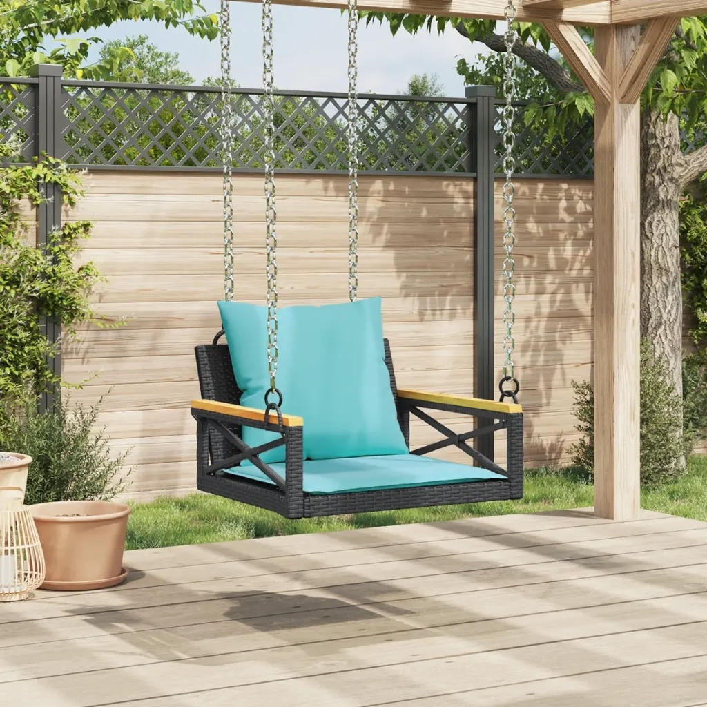 Panchina a Dondolo con Cuscini Nera 63x62x40 cm in Polyrattan