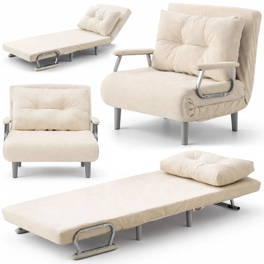 Poltrona Letto Reclinabile Chaise Lounge con Seduta Imbottita Convertibile in Velluto a Coste Beige