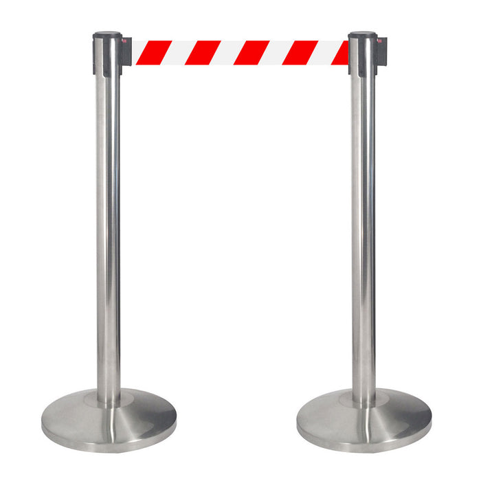 2 Colonnine Tendinastro 3 metri in Acciaio Inox Spazzolato Ø36x101 cm Nastro Bianco/Rosso
