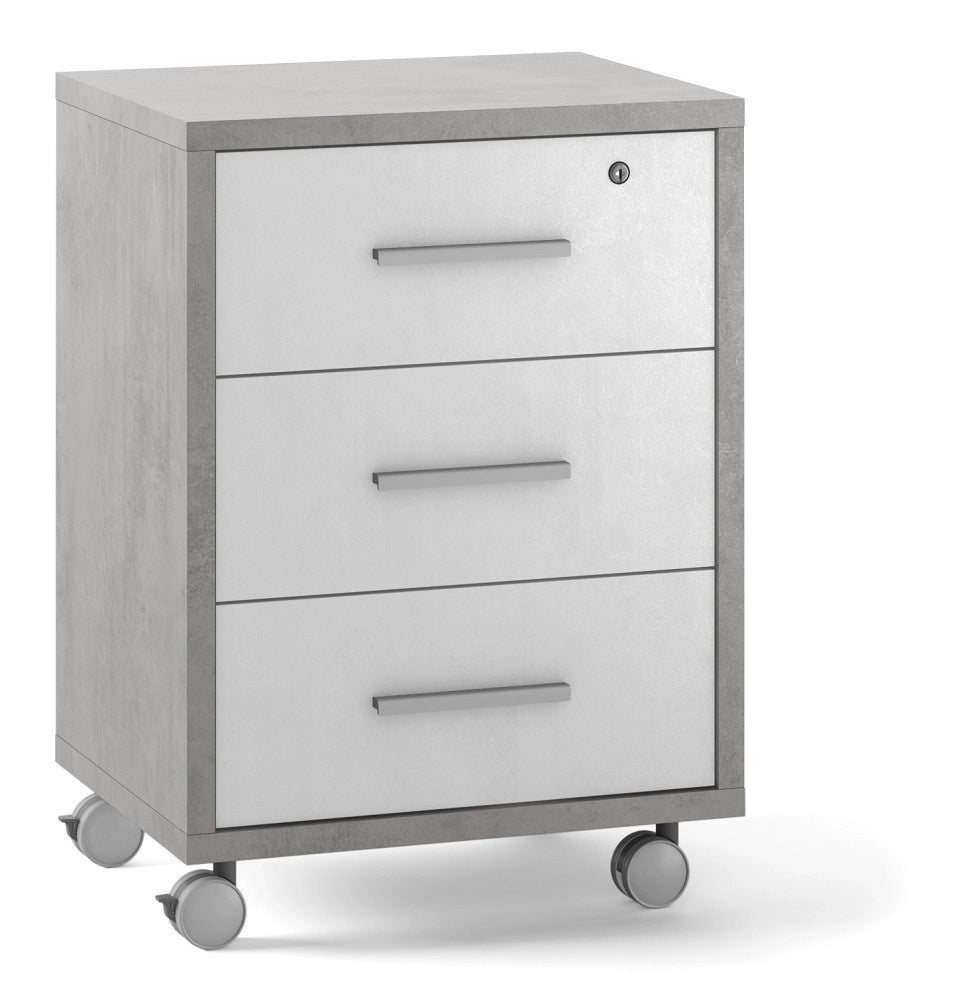 MOBILE CASSETTIERA 3 CASSETTI SU RUOTE H71 L51 P41 Cm STRUTTURA CEMENTO FRONTALE BIANCO SARMOG Db733