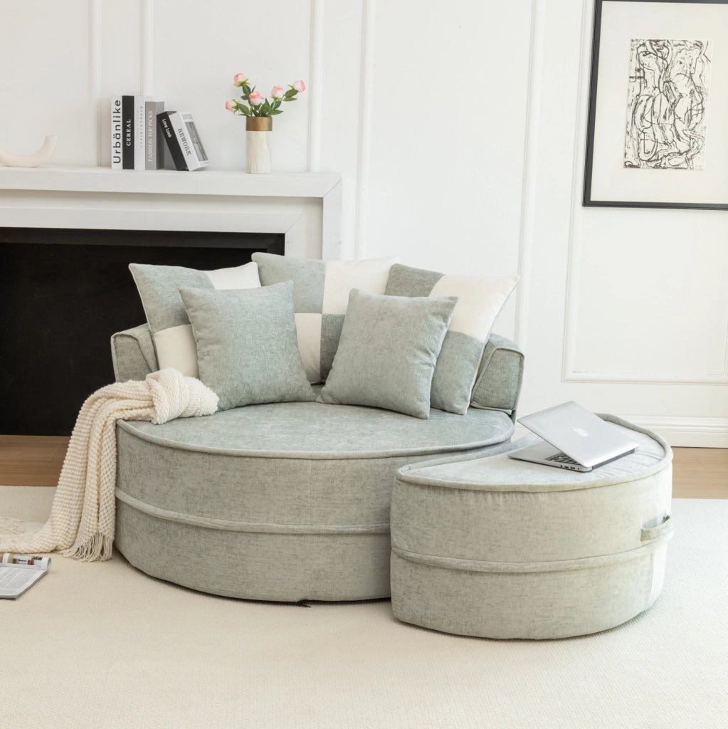Poltrona lounge rotonda ULEVR 121 cm con ottomana e 5 cuscini, in ciniglia verde menta, senza montaggio
