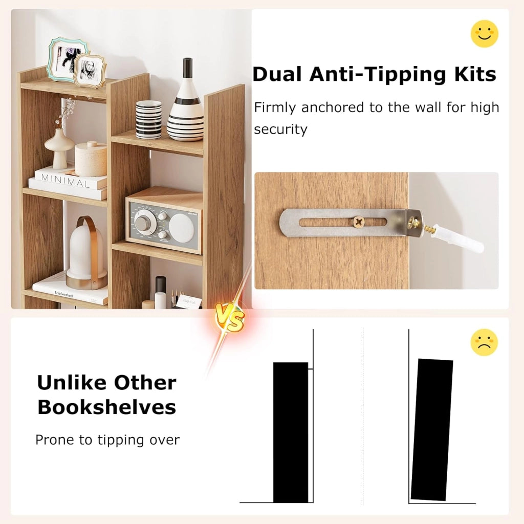 Libreria, scaffale con 12 scomparti aperti e 2 fusibili ribaltabili, 65 x 20 x 162 cm, scaffale in legno, per soggiorno, ufficio e camera da letto (naturale)