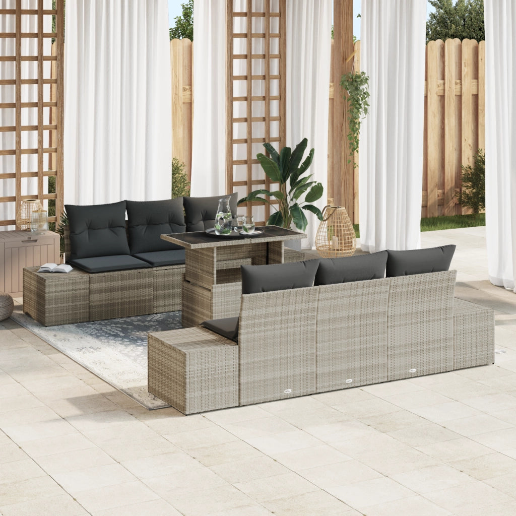 Set divano da giardino 7 pezzi con cuscini grigio chiaro in polirattan