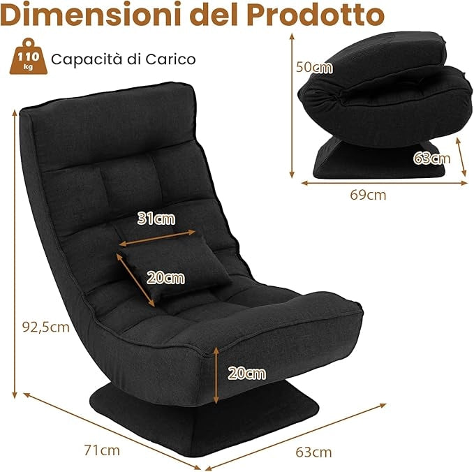 Chaise longue da Pavimento Pieghevole, Sedia da Gioco da Pavimento con Schienale Regolabile in 5 Posizioni, Divano Reclinabile da Interno (Nero)