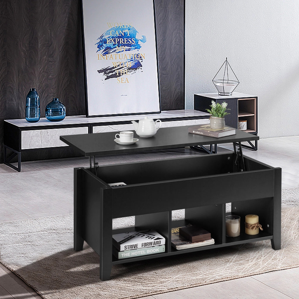 Tavolino da caff¨¨ moderno di sollevamento in legno con scompartimenti nascosti e 3 mensole aperte-Buffet Nero