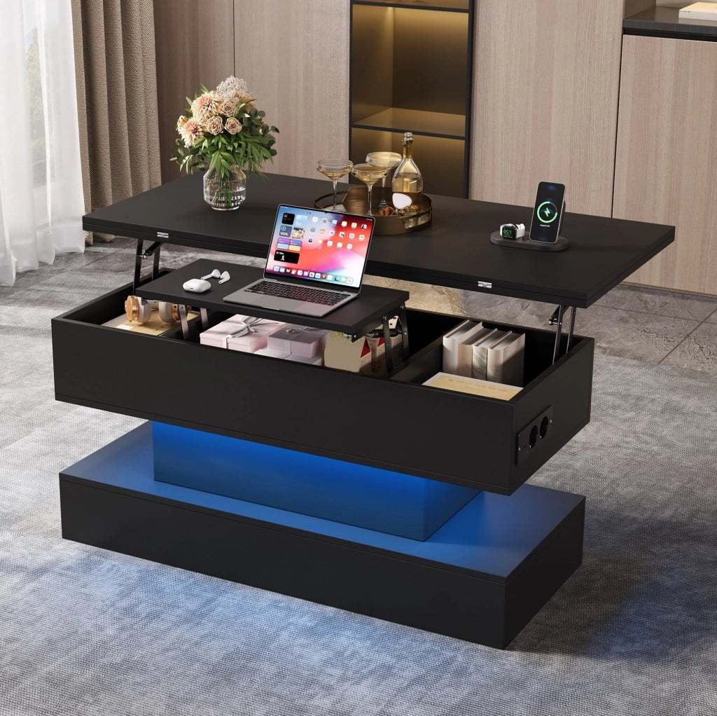 Tavolino rialzabile 100x50x51.5 cm con LED e vano portaoggetti in truciolato nero