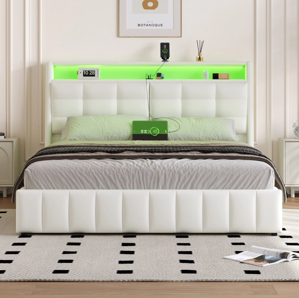 LETTO piattaforma 160x200 cm bianco con LED, USB, contenitore e schienale regolabile