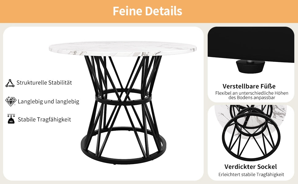 Tavolo da Pranzo Rotondo con 4 Sedie ¨C MINIMAL ¨C Piano Effetto Marmo MDF, Gambe Metallo Nero, Velluto Grigio, ?100cm