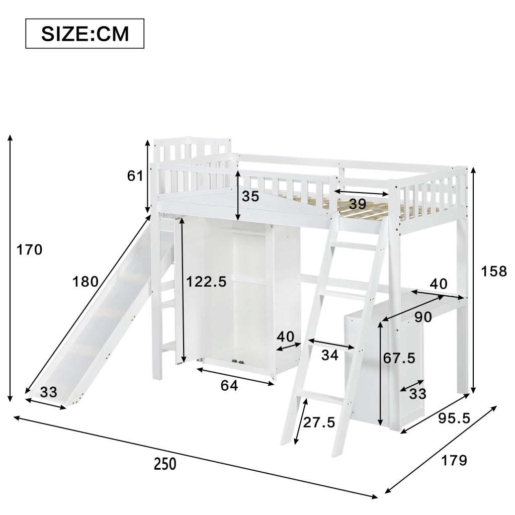 Letto a Castello Bambini con Scrivania e Armadio ¨C MINIMAL ¨C Pino/MDF/Multistrato, Bianco, 90x200