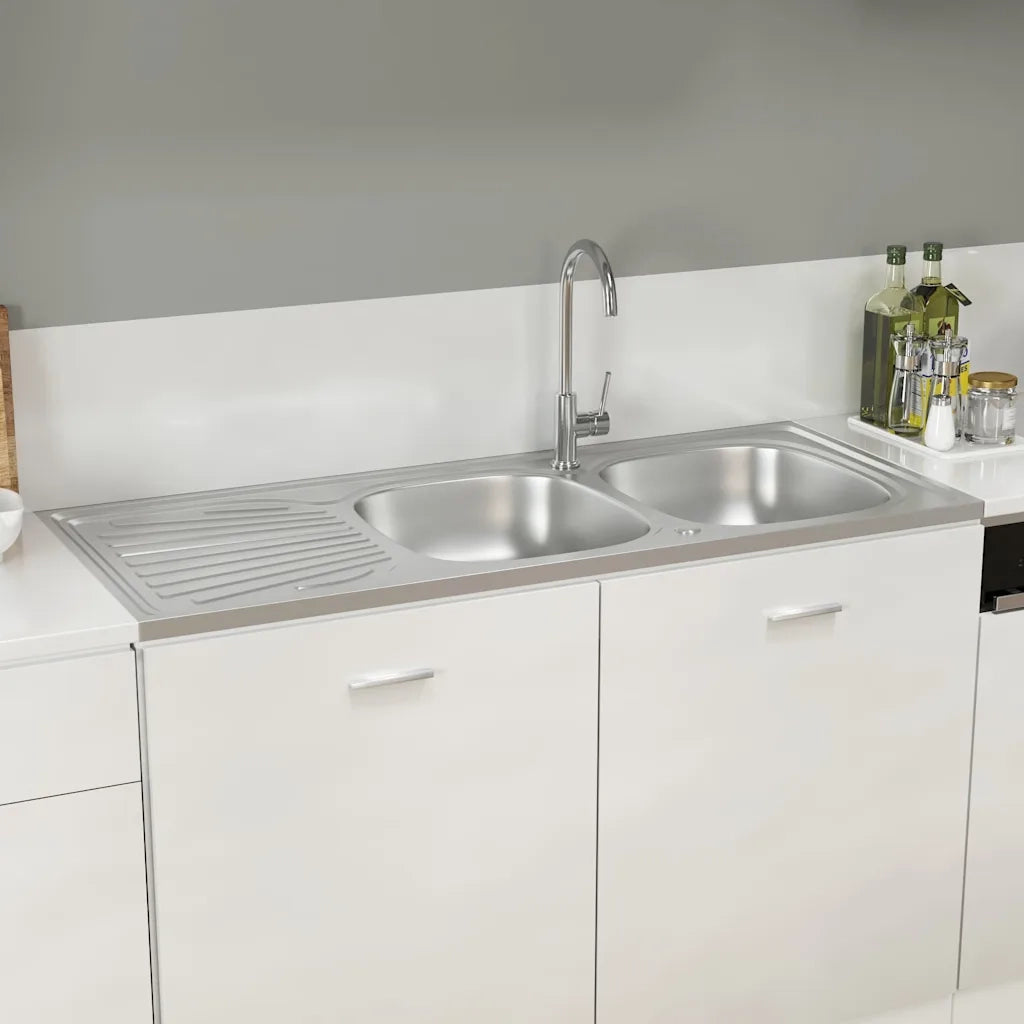 Lavello Cucina Doppia Vasca-Lavandino-Lavabo 1200x500x155mm Argento Acciaio Inox