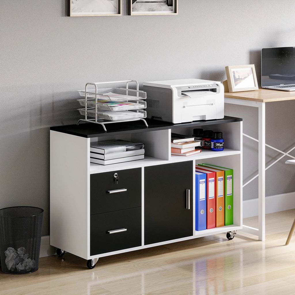 Easycomfort Mobile Porta Stampante con Cassetti, Mobiletto Multiuso per Ufficio e Casa, Nero e Bianco, 100x35x65cm