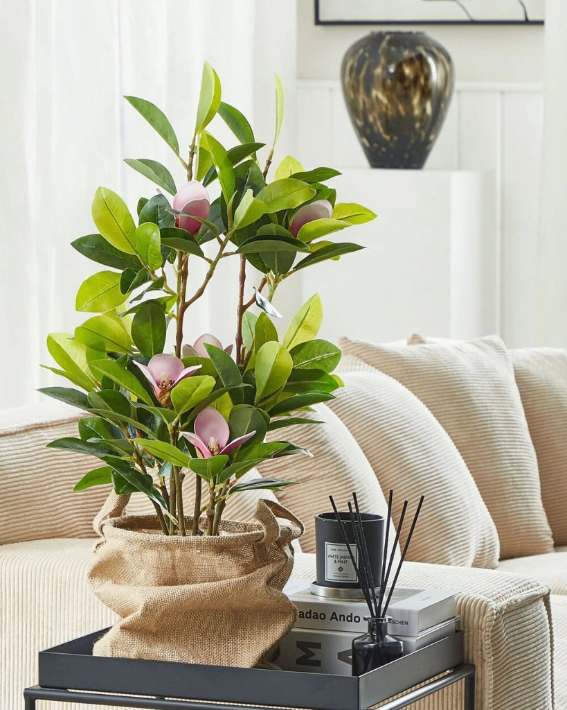 Magnolia artificiale in vaso in materiale sintetico verde e rosa 70 cm Accessorio decorativo per interni