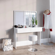 Tavolo da toeletta Azur, Bianco, 120 cm con specchio e sgabello a LED, Due cassetti scorrevoli per organizzare subito palette, pennelli e gioielli