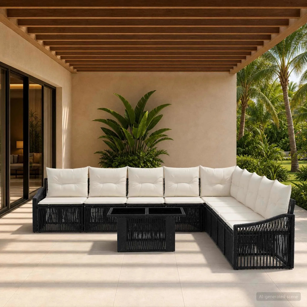 Set Divano da Giardino 10 pz Nero e Bianco Crema polyrattan 3437260