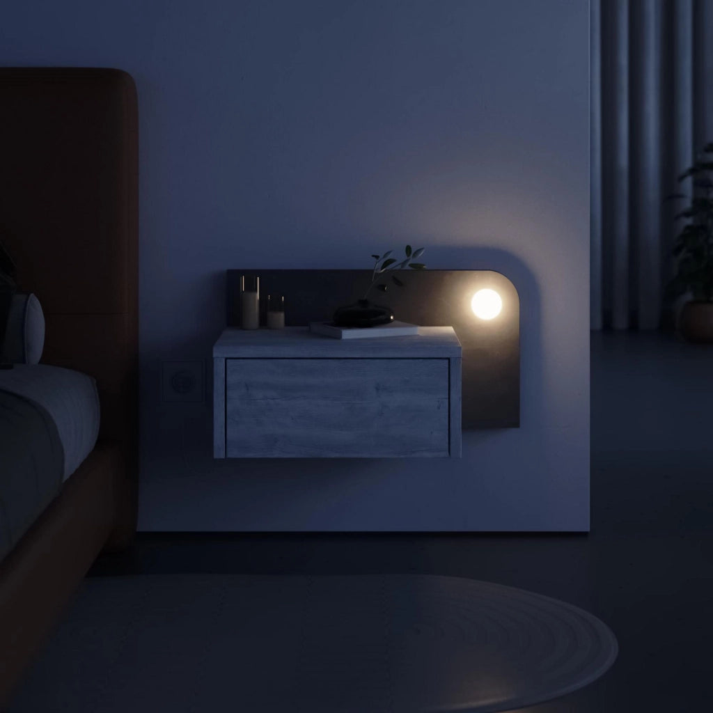Comodino "Dotta" con lampadina in legno - 52 x 30 x 28 cm - Grigio