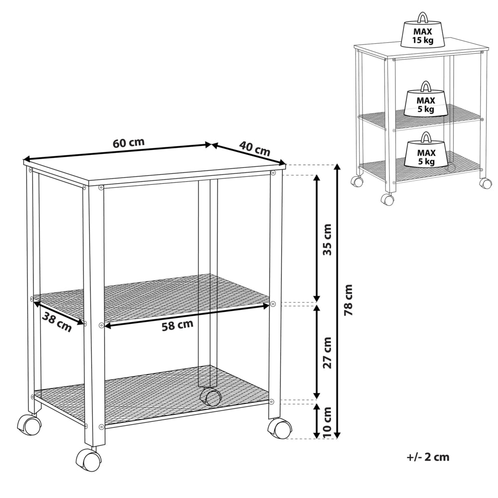 Carrello da Cucina in Legno di Pino Nero 40L x 50L x 86H cm 3 Ripiani Cassetto Posate Portabottiglie Rotelle