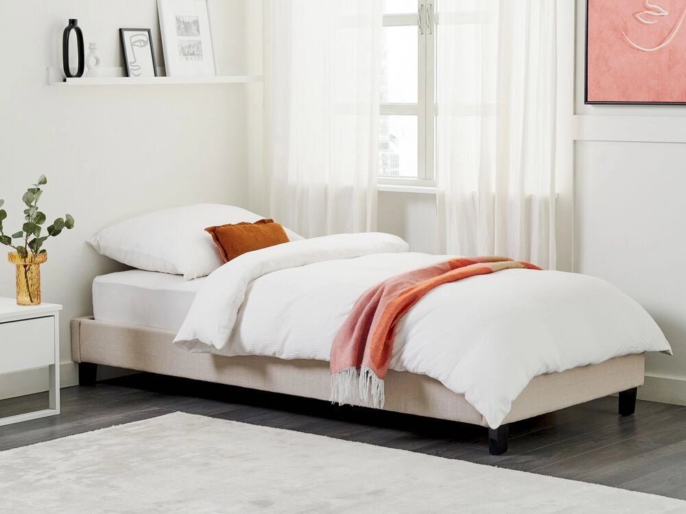 Letto singolo 90 x 200 in tessuto beige con rete a doghe senza testiera